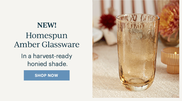 NEW!  Homespun Amber Glassware  In a harvest-ready honied shade.  [SHOP NOW]