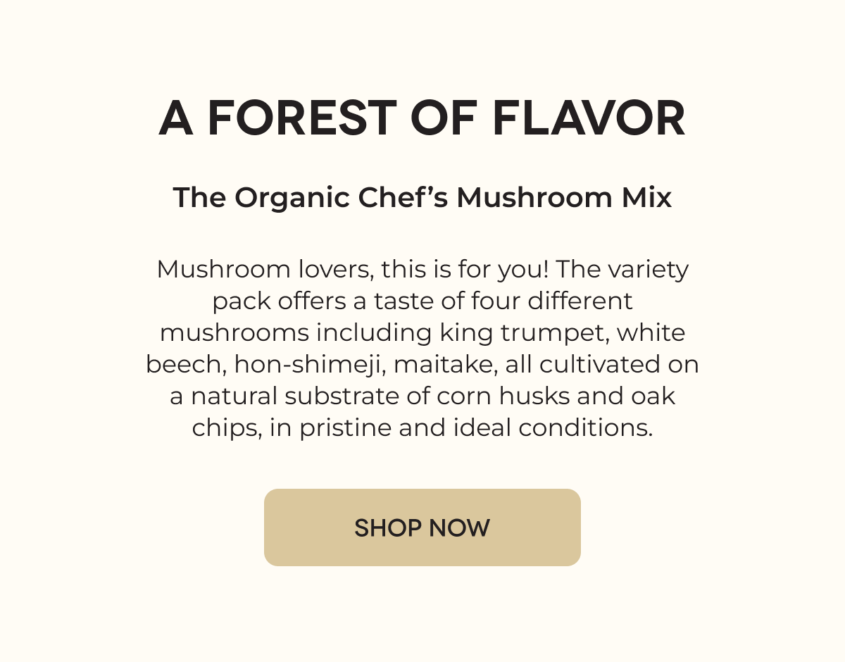 A FOREST OF FLAVOR The Organic Chef’s Mushroom Mix Mushroom lovers, this is for you! The variety pack offers a taste of four different mushrooms including king trumpet, white beech, hon-shimeji, maitake, all cultivated on a natural substrate of corn husks and oak chips, in pristine and ideal conditions. SHOP NOW