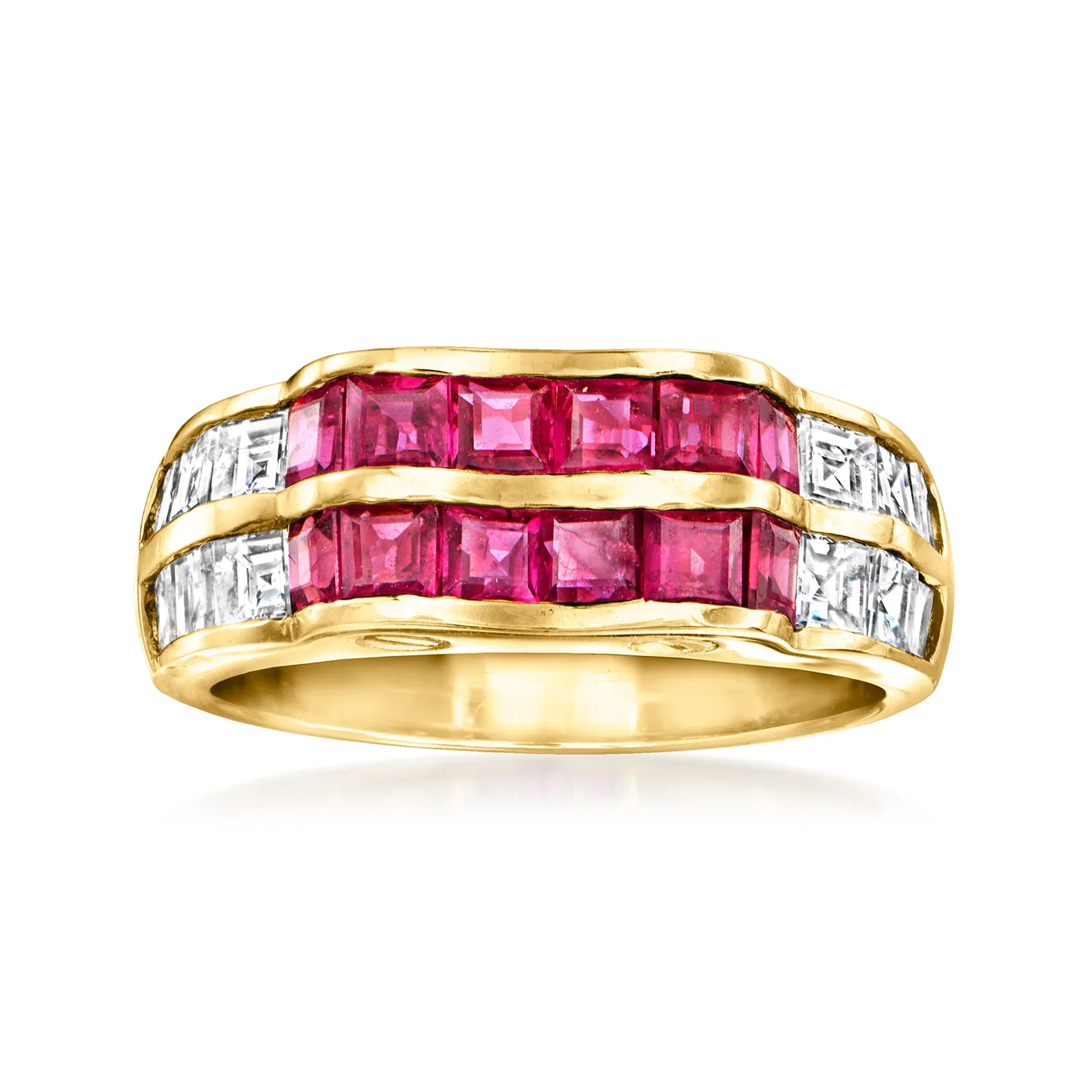 Image of C. 1980 Vintage 1.79 ct. t.w. Ruby and 1.05 ct. t.w. Diamond Scalloped Ring in 18kt Yellow Gold. Size 6.5