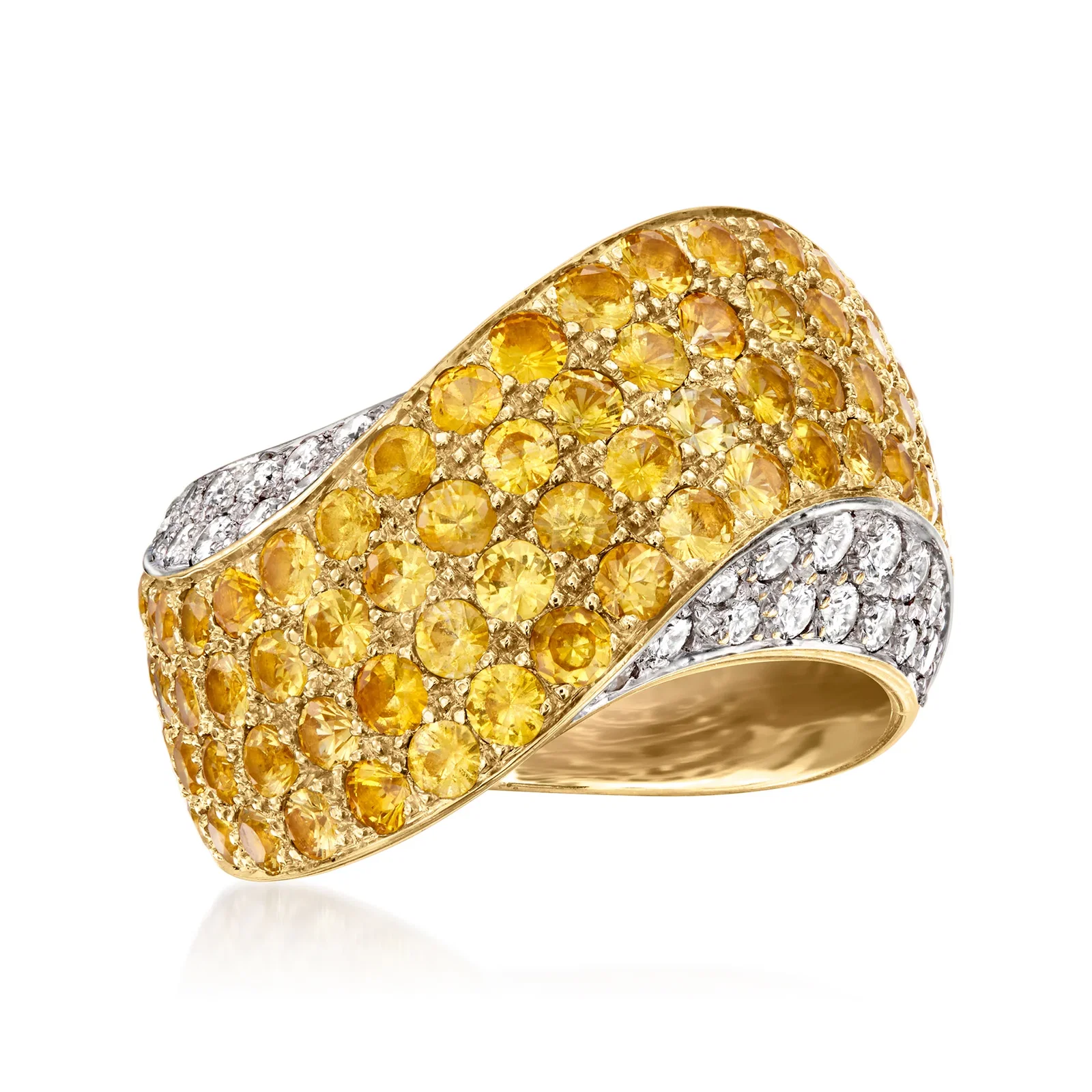 Image of C. 1980 Vintage 3.80 ct. t.w. Yellow Sapphire Wavy Ring with .50 ct. t.w. Diamonds in 18kt Yellow Gold. Size 5.5