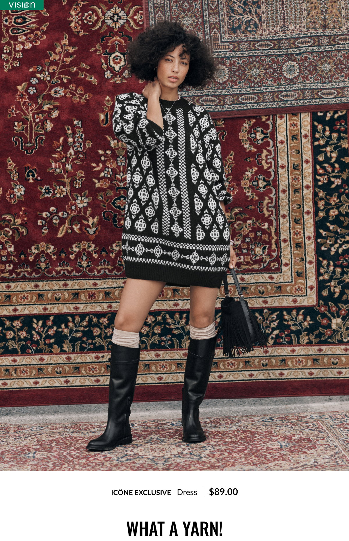  What a yarn! Woman wearing a jacquard knit mini dress at $89