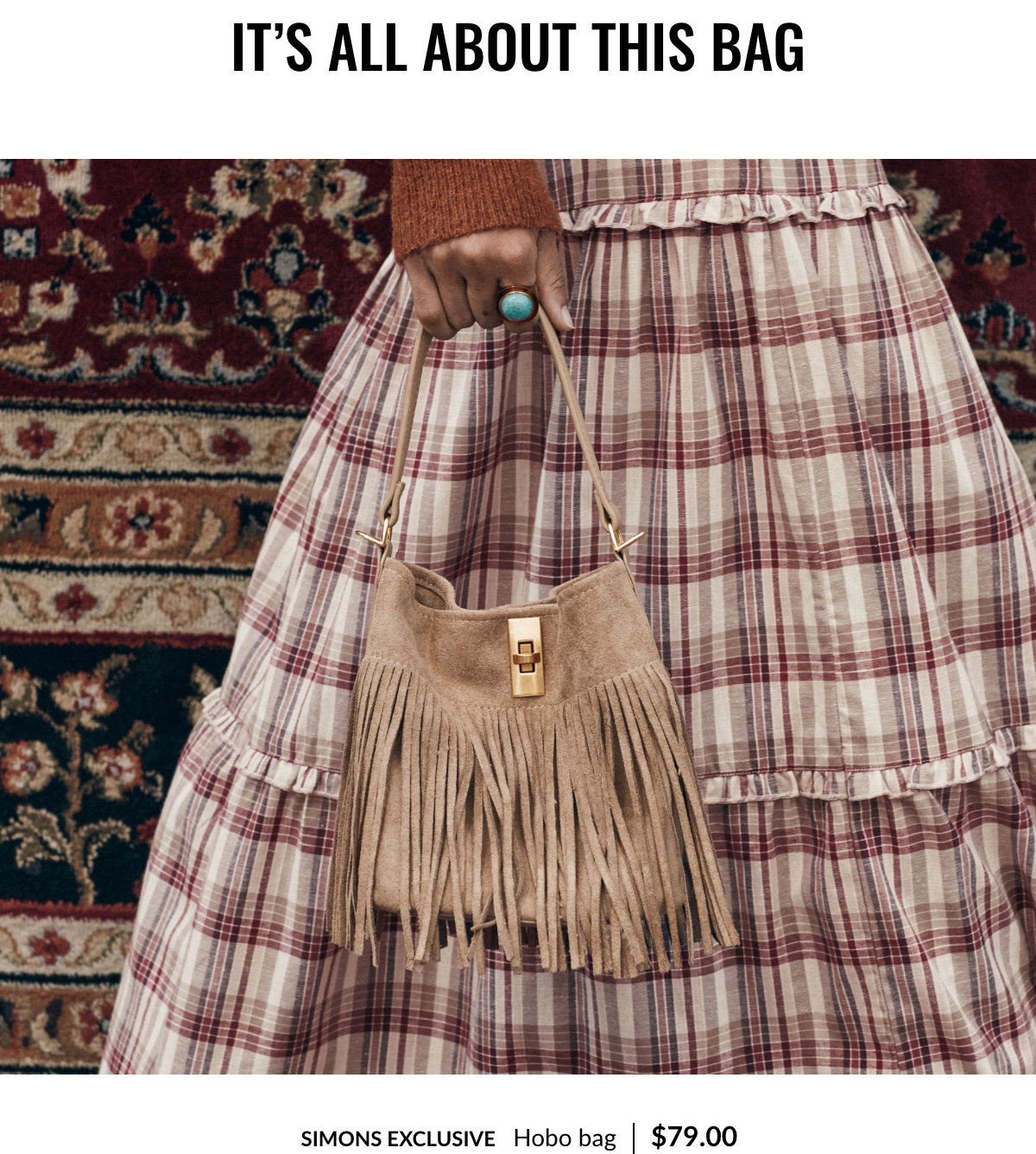 It's all about this bag. Pale faux suede hobo bag with fringe details and gold clasp, priced at $79