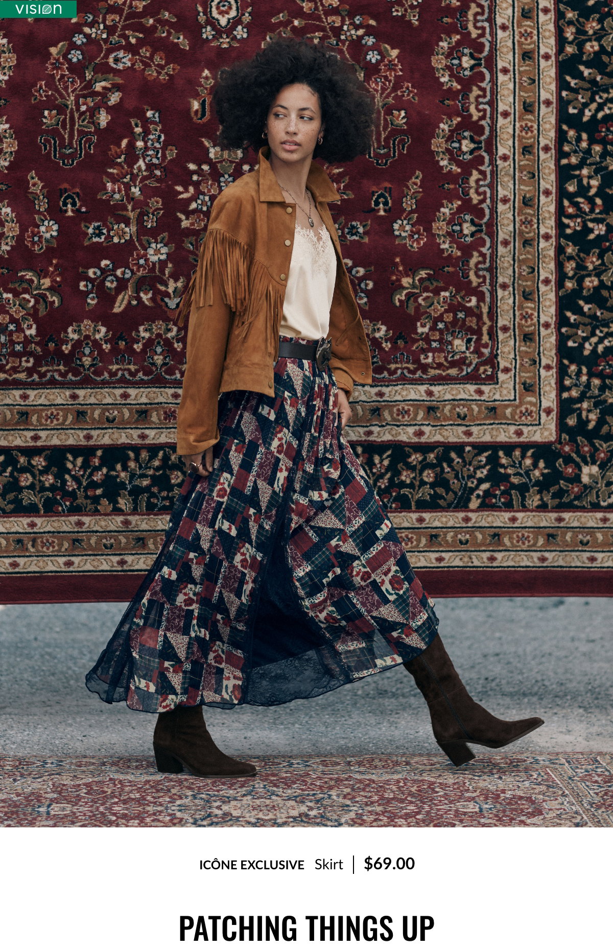 Patching things up. Woman wearing a patchwork-motif chiffon maxi skirt with lace piping at $69