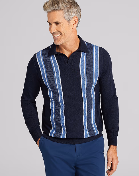  30% Off | Joseph Abboud | Long Sleeve Striped Johnny Collar Polo Sweater 30% Off