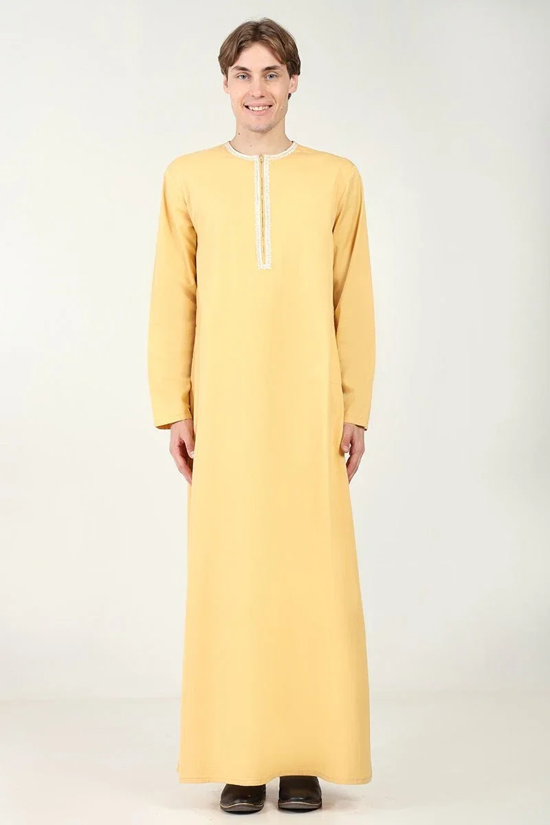 Camel cotton twill thobe with white embroidery