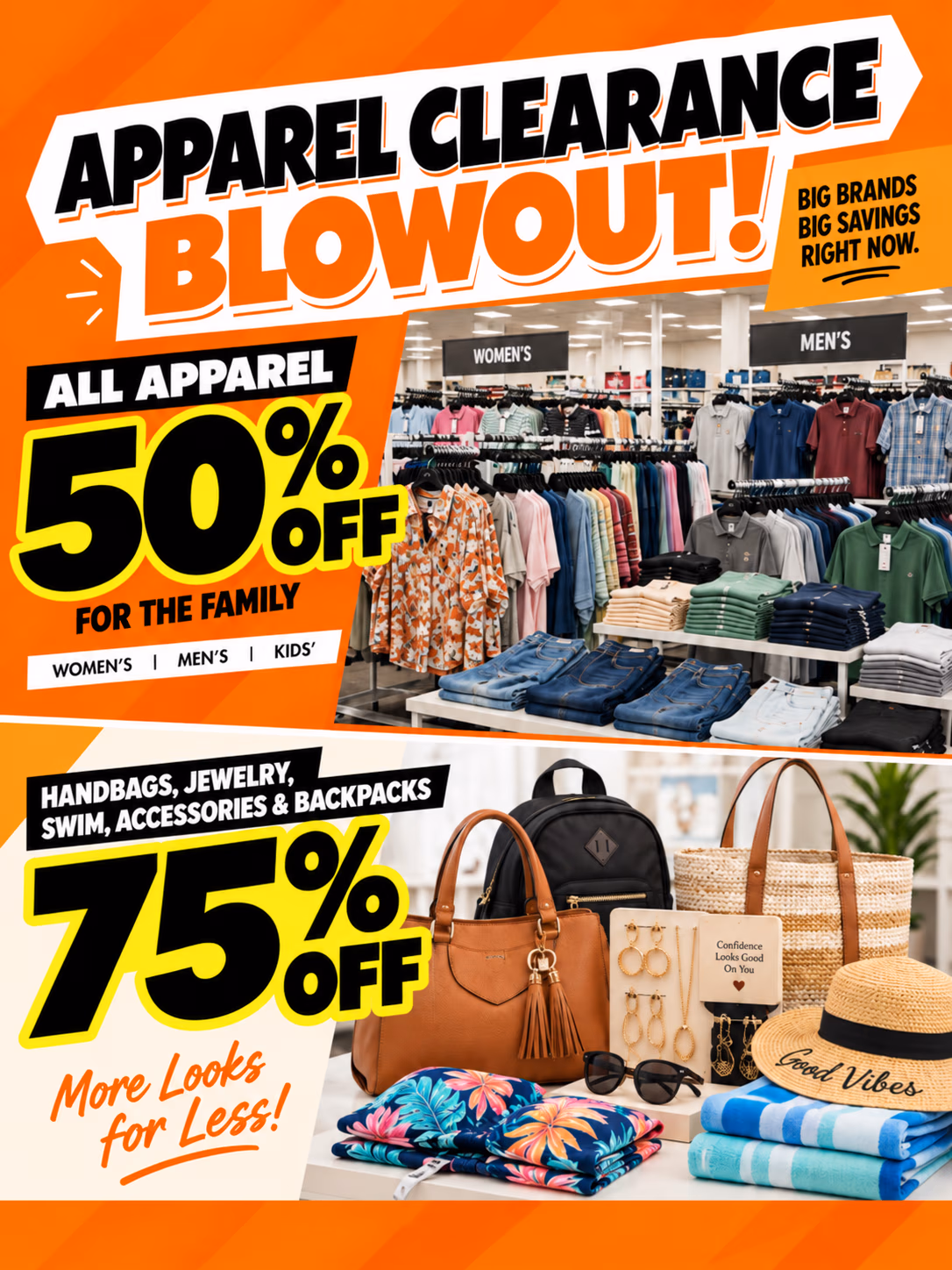50% off all apparel, 75% off handbags, jewelry, swim, accessories, and backpacks