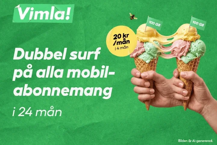 Mobilabonnemang 20kr/mån i 4 månader + dubbel surf hos Vimla