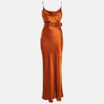 Brown Satin Cowl Neck Belted M