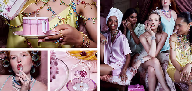 Collection of images showing Swarovski jewelry, Swarovski décor, and models in colorful outfits
