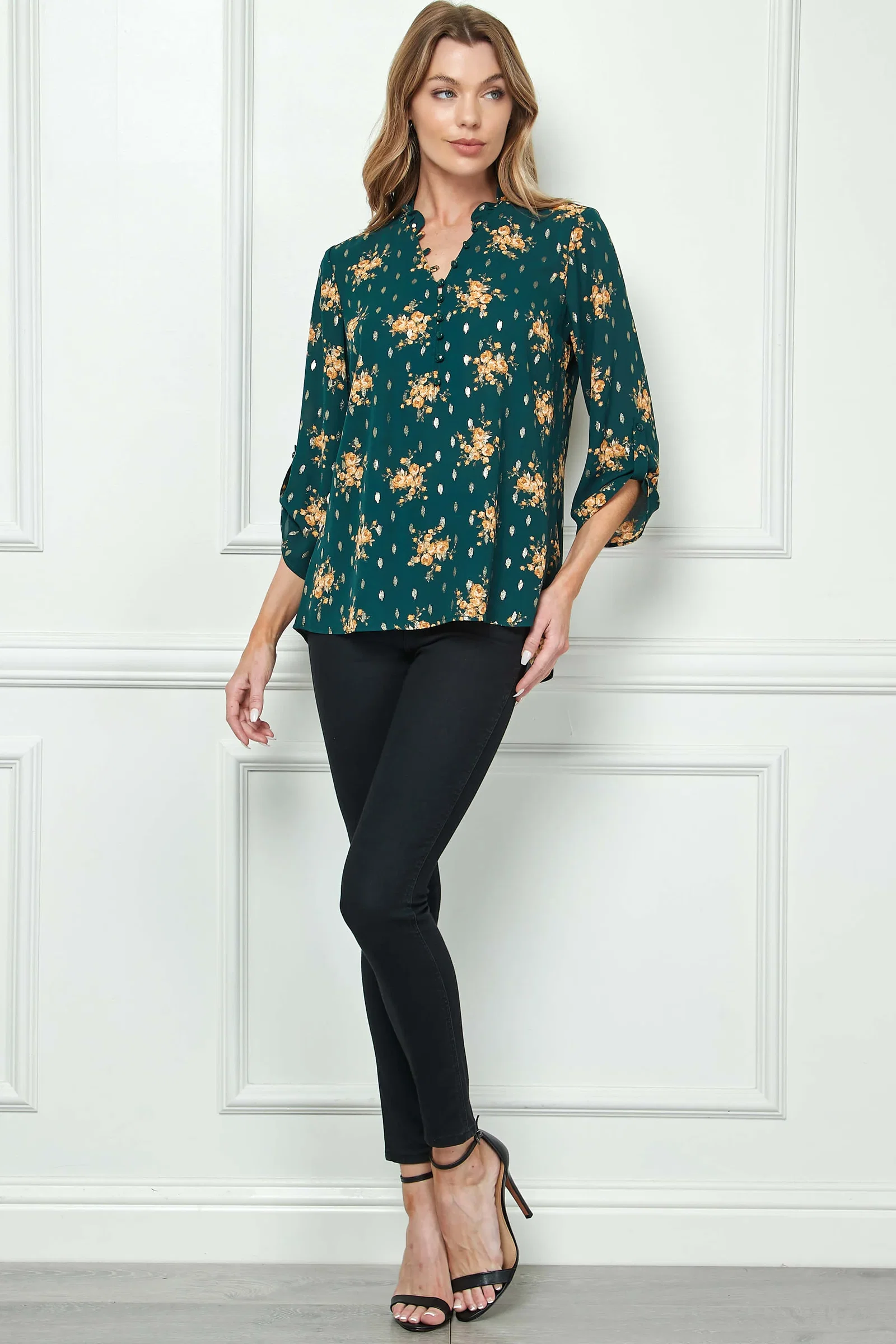 Image of 3/4 Button Tab Sleeve Covered Button + Loop Placket Front V-Ruffle Neck Dash Foil Overlay Popover Blouse - Olive