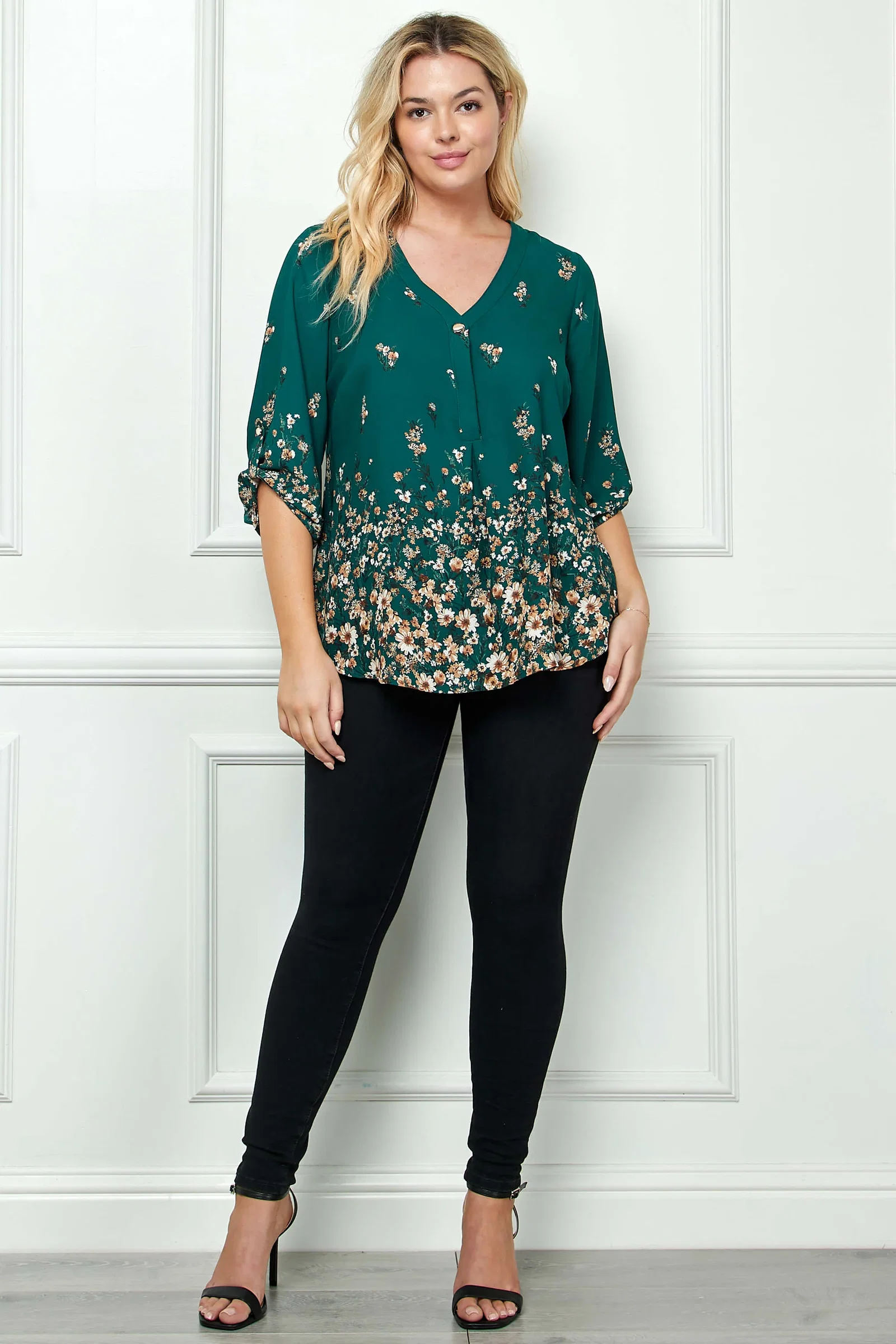 Image of 3/4 Button Tab Sleeve V-Neck Big Button Placket Front Popover Border Print Blouse - Plus