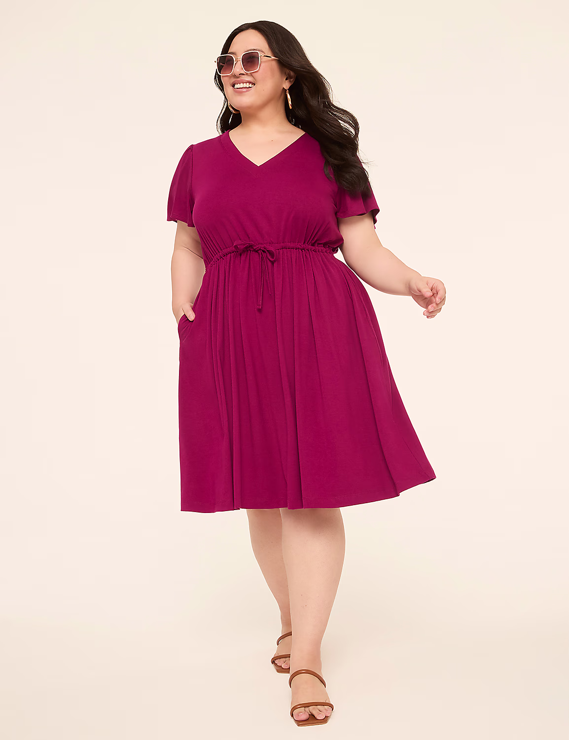 Flutter-Sleeve V-Neck Tie-Waist Short Dress