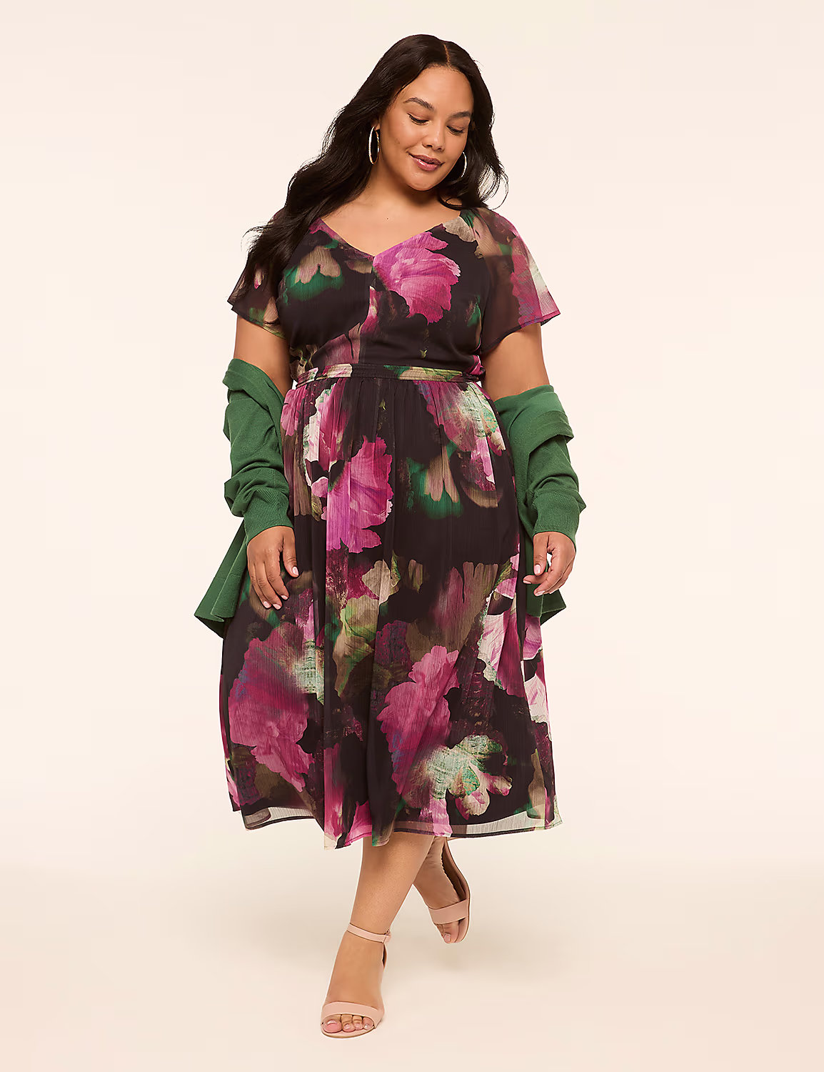 Flutter-Sleeve V-Neck Midi Dress