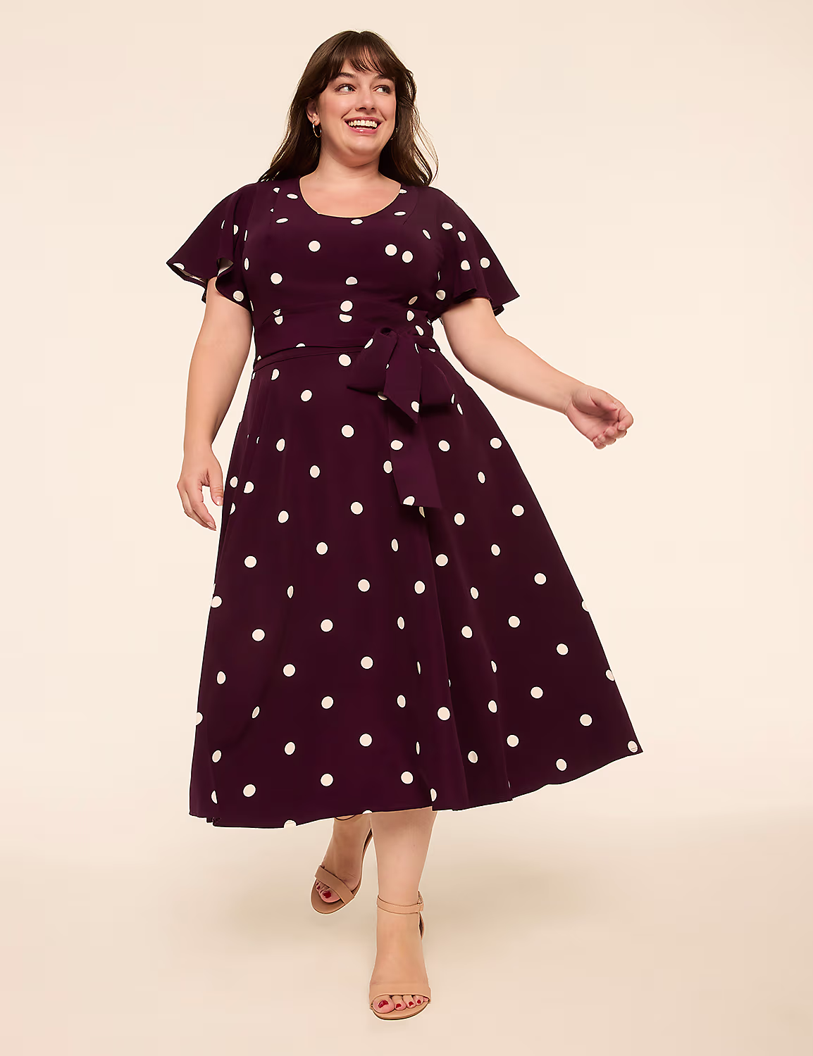 Lena Flutter-Sleeve V-Neck Midi Dress