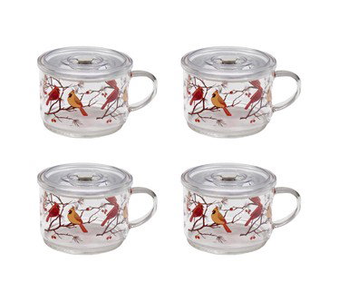 Temp-tations Set of 4 18-oz Glass Meal Mugs w/ Plastic Lids