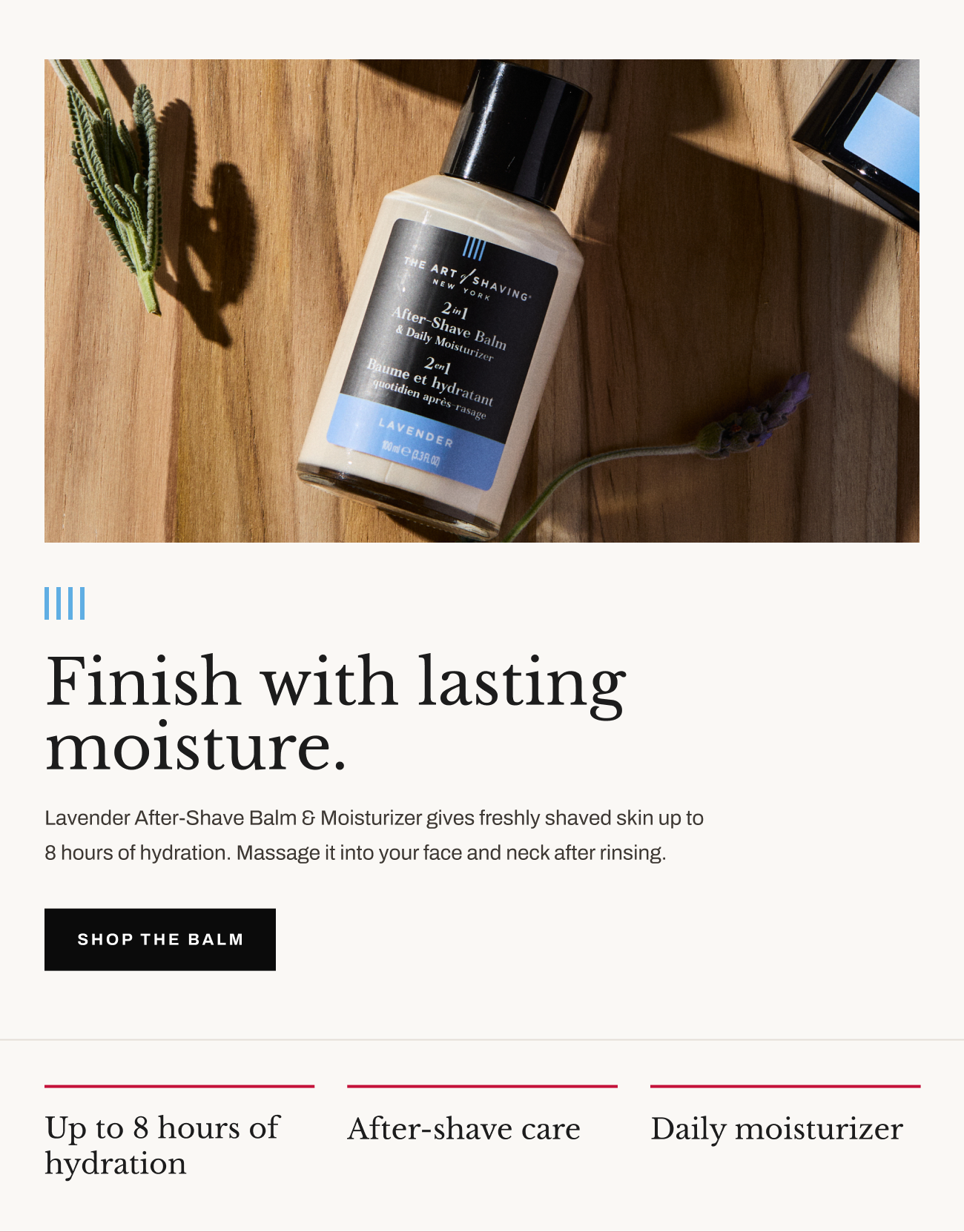 Product image of Lavender After-Shave Balm & Daily Moisturizer with “Shop the Balm” button.