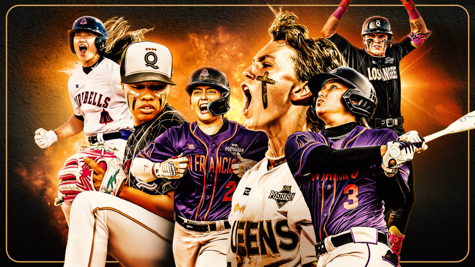 A photo illustration featuring players from the Los Angeles Queens and San Francisco Firebells