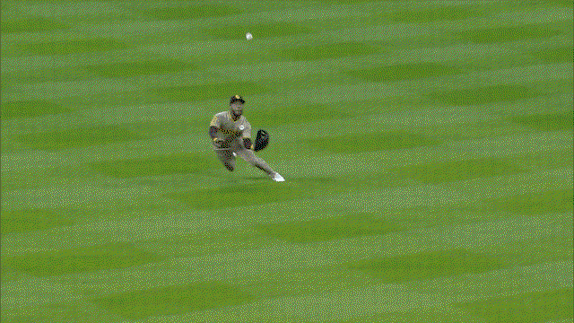 An animated gif of Padres left fielder Samad Taylor making a diving catch