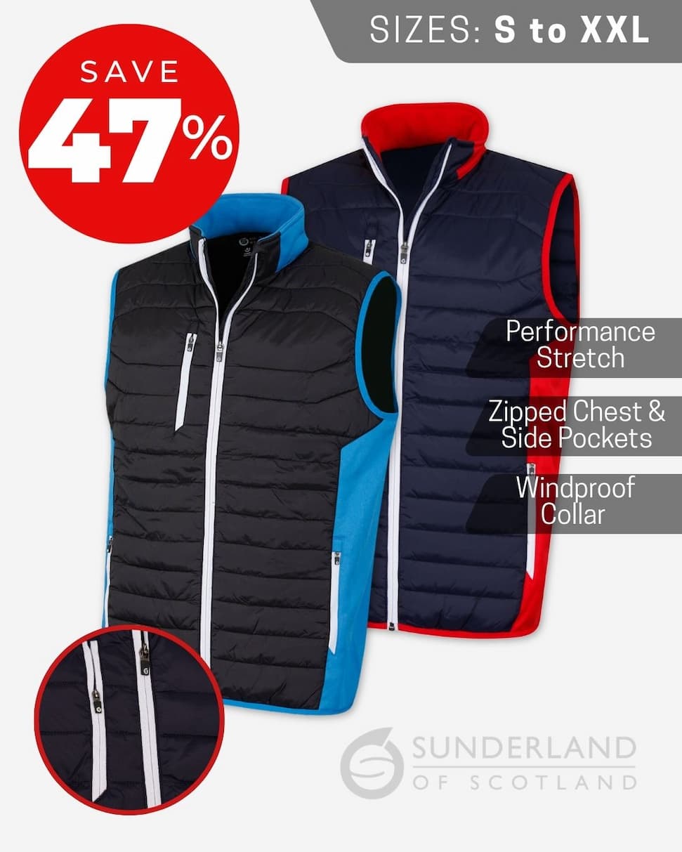 Sunderland Mens Anton Padded Showerproof Fabric Bodywarmer Golf Gilet