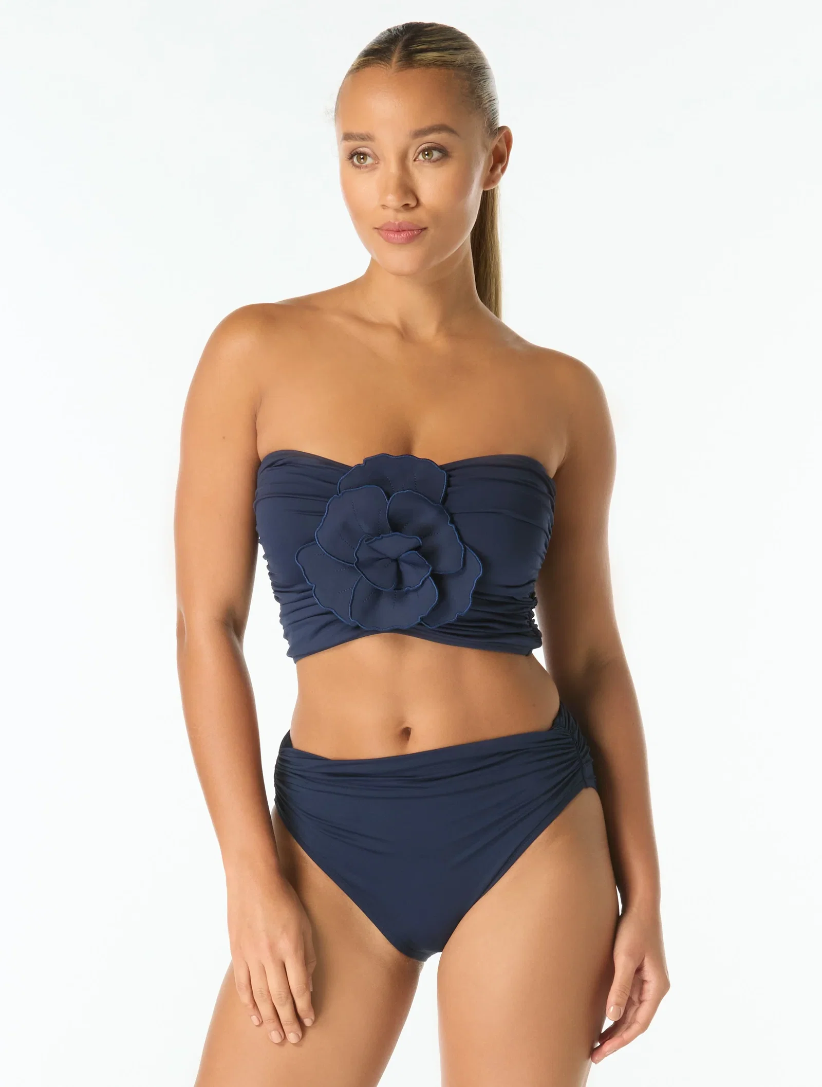 Image of Carmen Marc Valvo Flower Applique Bandeau Crop Top - Solids