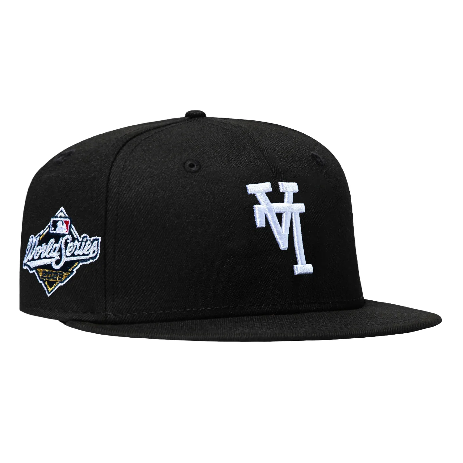 Image of New Era 59Fifty Los Angeles Dodgers 2025 World Series Patch Upside Down Pink UV Hat - Black, White