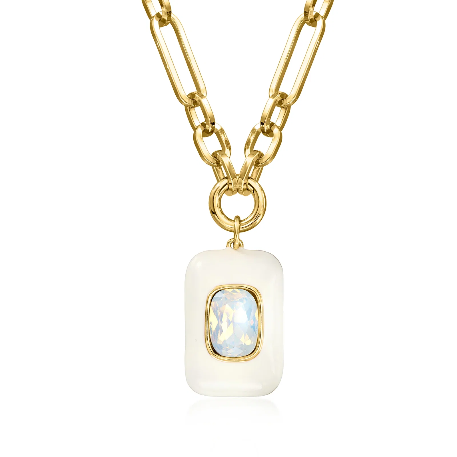 Image of 14kt Yellow Gold-Plated Necklace with Simulated Opal and White Enamel. 18"