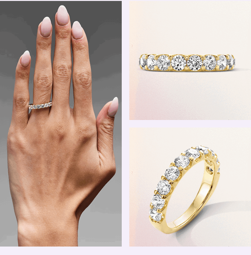 Gold band with circle-cut diamonds along half of exterior on hand, alongside product close-up.