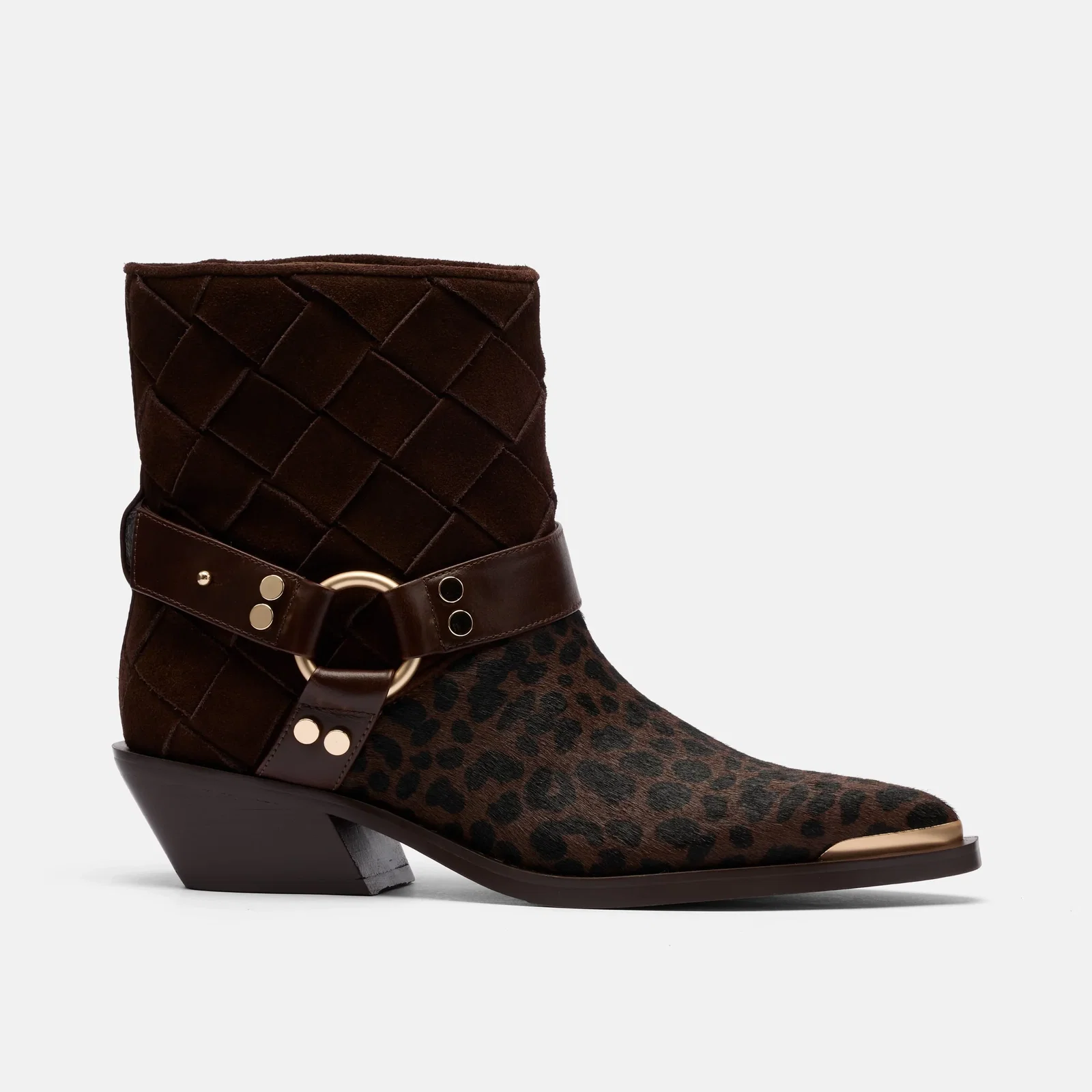 Image of Cassidy Brown Woven / Leopard Harness Ankle Boot