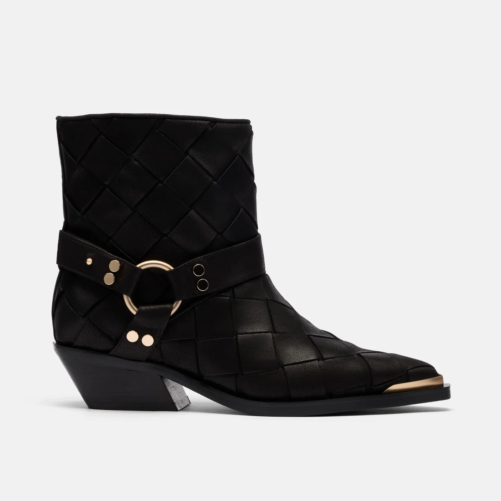 Image of Cassidy Black Woven Leather Harness Ankle Boot