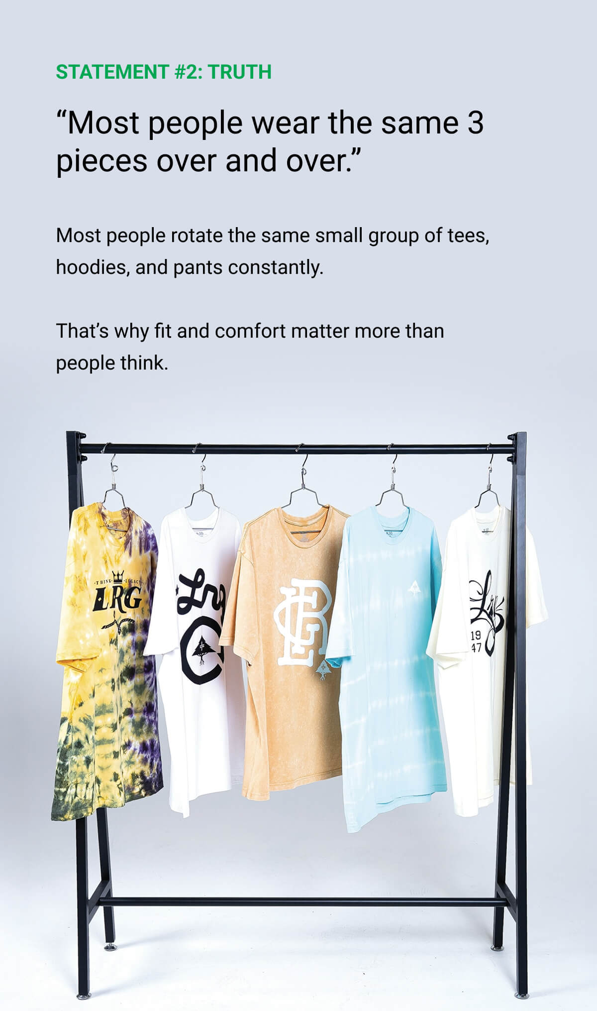 STATEMENT #2: TRUTH | “Most people wear the same 3 pieces over and over.” | Most people rotate the same small group of tees, hoodies, and pants constantly.  That’s why fit and comfort matter more than people think.