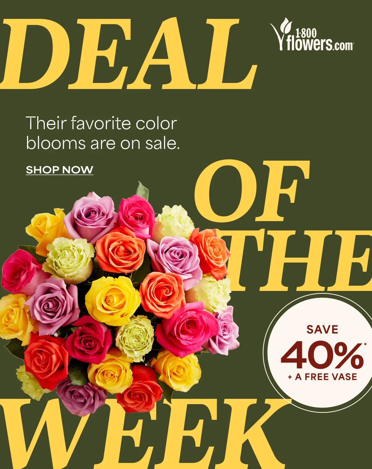 Deal of the Week | Their favorite color blooms are on sale. | Save 40% + A Free Vase