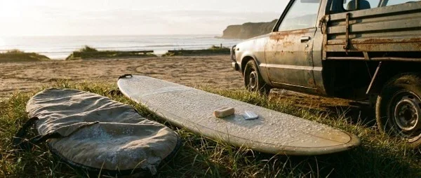 Waxed surfboard on grass