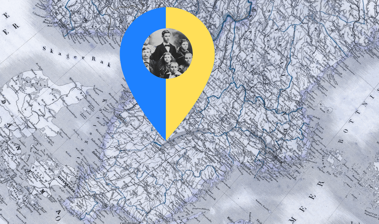 A vintage map with a blue and yellow location pin showing an old black-and-white family portrait in its center.