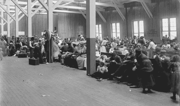 Waiting area, immigrants at Locust Point. Baltimore. ca. 1904-1910.
