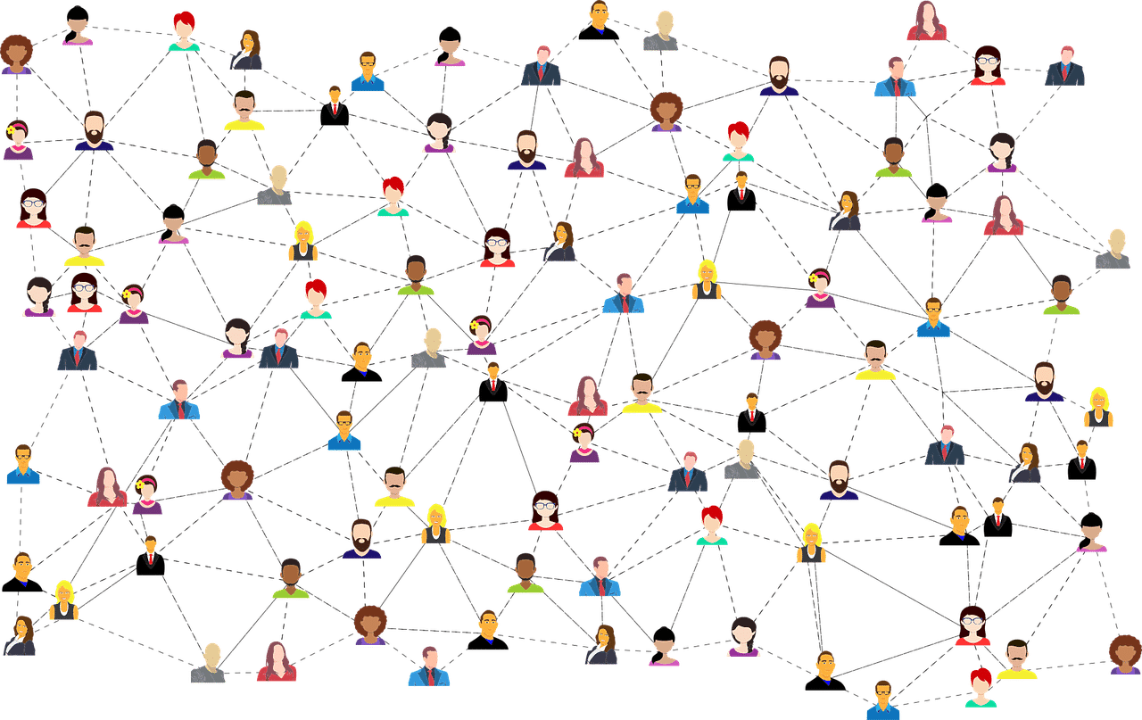 Illustration showing diverse avatars connected by lines in a network, representing interconnected people or social network connections.