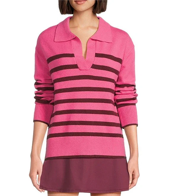 Addison Bay Carlyle Rugby Contrast Stripe Johnny Collar Long Sleeve Sweater