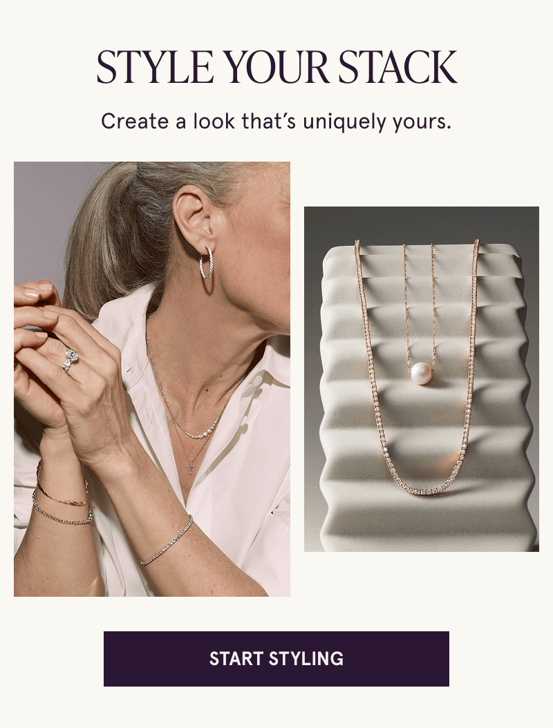 A model wearing an engagement ring and gold diamond jewelry next to jewelry on a display. Click here to start styling