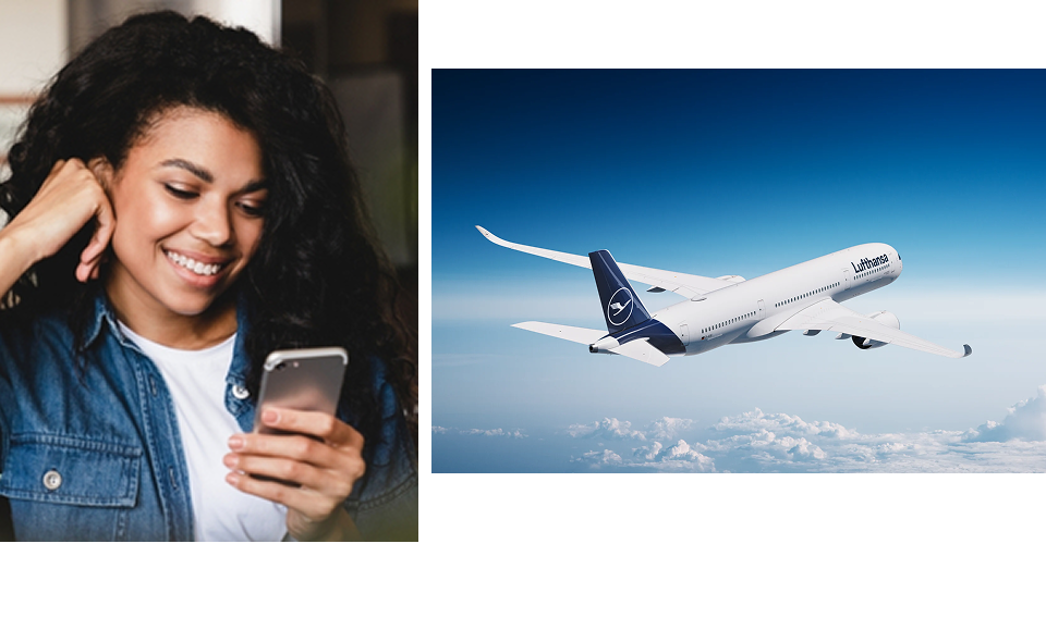 Collage: persona che utilizza uno smartphone; aeromobile Lufthansa in volo