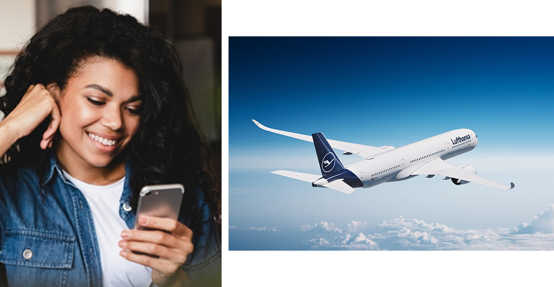 Collage: persona che utilizza uno smartphone; aeromobile Lufthansa in volo