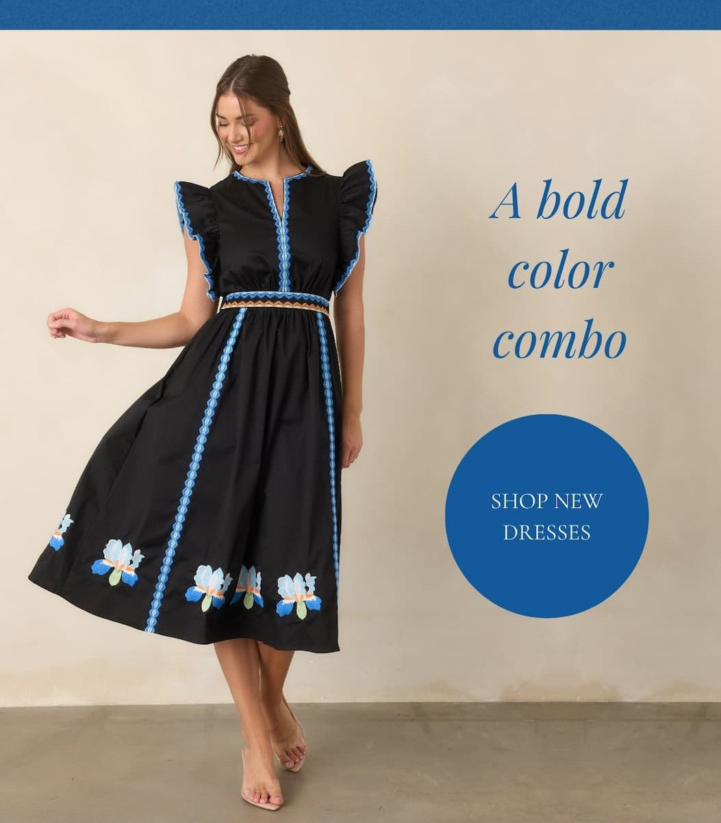 'A bold color combo. Shop new dresses.'