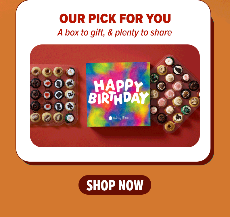 Our pick for you: A box to gift, and plenty to share! Shop the groovy birthday gift box cupcake 50-Pack now.