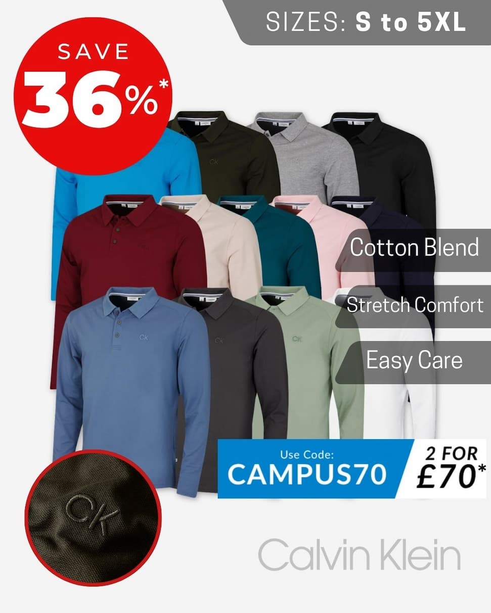 Calvin Klein Mens 2026 Long Sleeve Stretch Campus Golf Polo Shirt