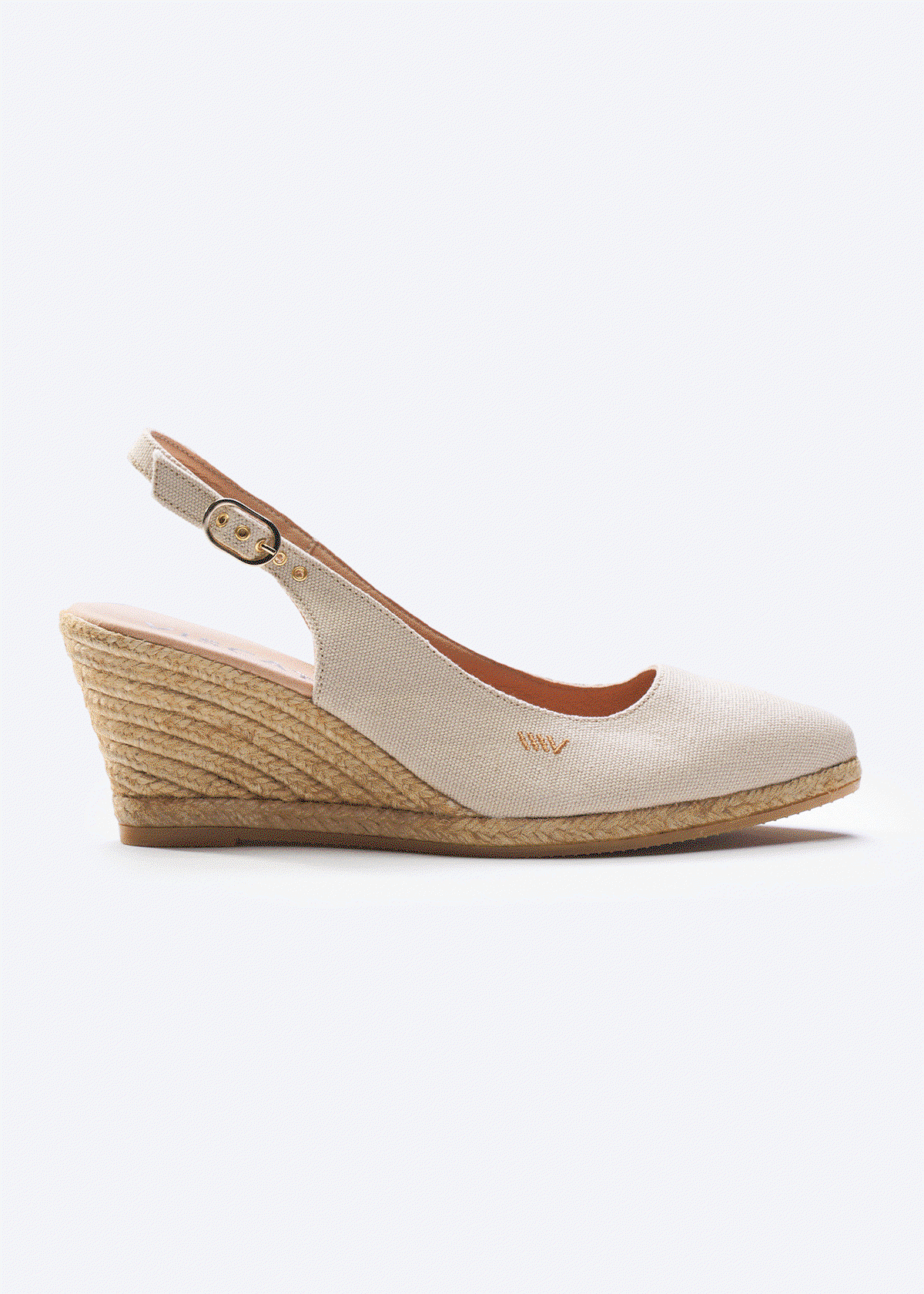 Variety of wedge espadrilles with canvas back straps Palomera by Viscata with natural jute sole.