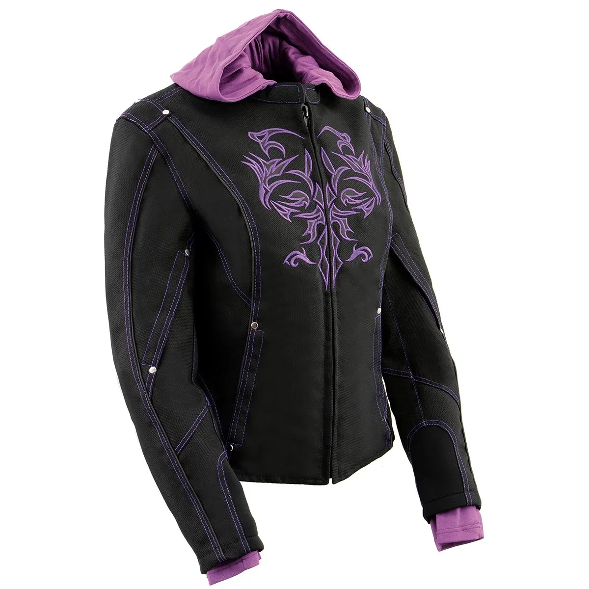 Image of Milwaukee Leather MPL1967 Women's 3/4 Hooded Black and Purple Textile Jacket with Reflective Tribal Detail