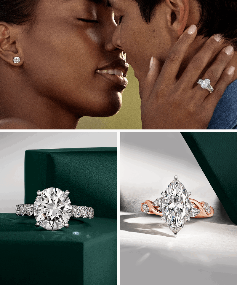 A collage of photos depicting engagement rings in different scenes. 