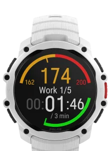 Polar Street X mid-interval, showing the target heart rate for the current phase