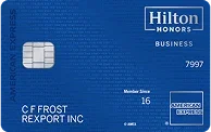 A blue Amex Hilton Honors Business Card with chip.