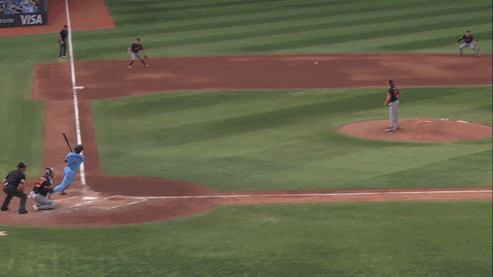 An animated gif of John Peck starting a 6-4-3 inning-ending double play