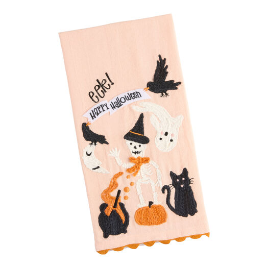 Light Pink and Orange Skeleton Witch Embroidered Kitchen Towel