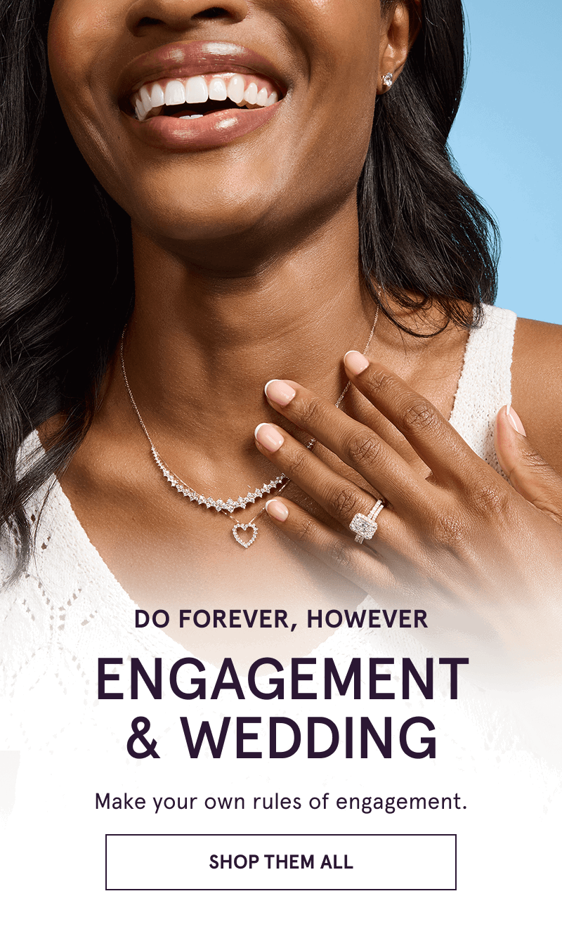 Model’s diamond tennis necklace, heart pendant & rectangular diamond ring. Engagement & wedding. Click here to shop them all